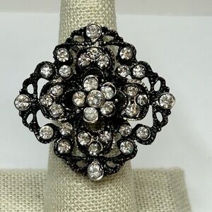 Vintage Rhinestone Silver Tone Adjustable Ring